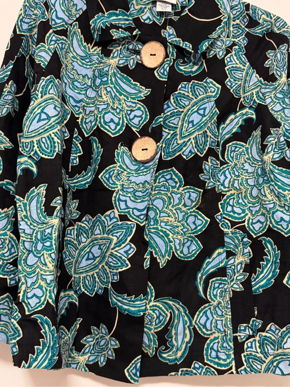 Jaclyn Smith Paisley Linen Blend Blouse Blue Black 3/4 Sleeve Women’s Pocket (S)